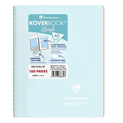 Image of Clairefontaine Ref 366772C Koverbook Blush Wirebound Notebook (80 Sheets) A5 Size, Lined Ruling, 90gsm Brushed Vellum Paper, Pastel Polypro Cover Ice Blue