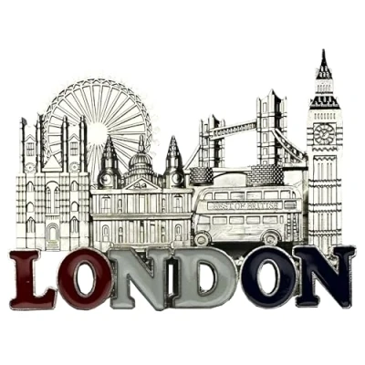 Image of London Metal Silver Coloured Fridge Magnet Word in Red Glitter/Westminster Abbey/St. Paul&#039;s Cathedral/Eye/Tower Bridge/Best of British Double Decker Bus/Big Ben/UK Souvenir/Gift Idea