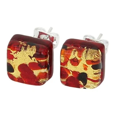 Image of GlassOfVenice Murano Glass Venetian Reflections Square Stud Earrings Black Red