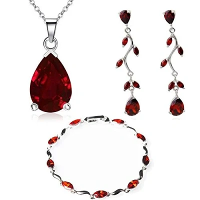 Image of Crystalline Azuria Women 18ct White Gold Plated Teardrops Red Zirconia Crystals Set Necklace 17.7 inches Dangle Earrings Bracelet