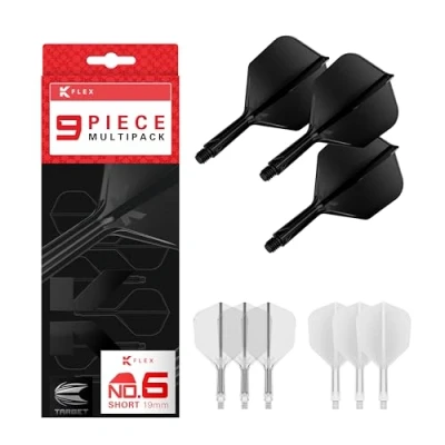 Image of TARGET Darts K Flex Integrated Dart Flights and Shafts, Short Stem (19mm), No.6 Flight, 9 pack Bundle, Black, White &amp; Clear