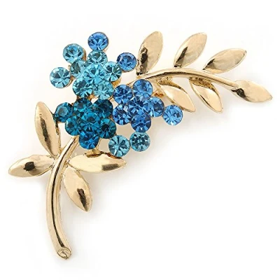 Image of Avalaya Blue Diamante Floral Brooch in Gold Plating 50mm Length