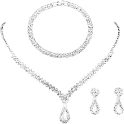 Image of TOEECY Bridal Wedding Jewellery Set Silver Rhinestone Necklaces Bracelet and Earrings Sparkly Crystal Dangle Drop Pearl for Bridesmaid Party (#5)