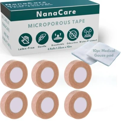 Image of NanaCare Tan Microporous Surgical Tape 1.25cm x 10m (6 Rolls) Micropore Skin Coloured Nose Medical for Skin, Dressings &amp; Rhinoplasty Recovery Sensitive