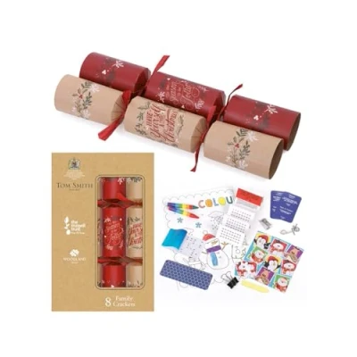 Image of Pack 8 Tom Smith Charity Family Christmas Crackers Kraft Brown &amp; Red Traditional Holy Ivy Design