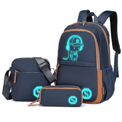 Image of Kono Luminous School Backpack 3 in 1 Set, Anime Boys Schoolbag Crossbody Bag Pencil Case, 15.6&quot; Laptop Rucksack for Students Teens Girls (Navy)
