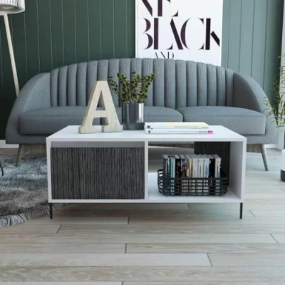 Image of Home Source Auckland Occasional Coffee Table, Grey Oak Effect Open Shelf Storage, MDF, White, 1 Drawer