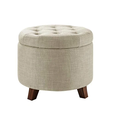 Image of Amazon Basics Upholstered Linen Tufted Storage Round Ottoman Footstool, Burlap Beige, 51 cm x 43