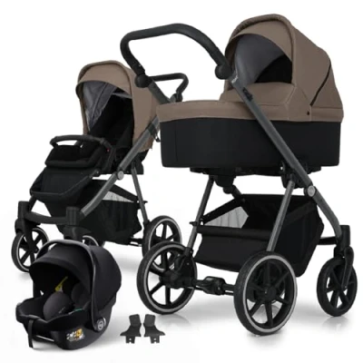 Image of My Junior® Noax² 3 in 1 Pushchair with Baby Seat, Carrier, Sports Adapter, Spacious Shopping Basket Concrete Toffee