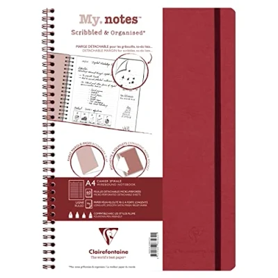 Image of Clairefontaine 783462C Collection Age Bag One Spiral Notebook with Tear Off Margins My.Notes Red A4 21 x 29.7 cm 120 Detachable Lined Pages 90g White Paper Glossy Leather Grain Card Cover
