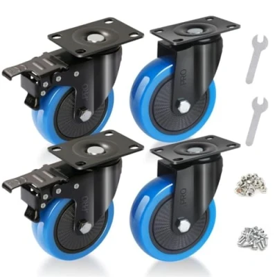 Image of .PRO Heavy Duty 600kg 100mm Swivel Trolley Caster wheels (Blue) Industrial Strength Furniture Moving Casters with Screws, Bolts, Locking, Non Marking (2 brakes 2 without brakes)