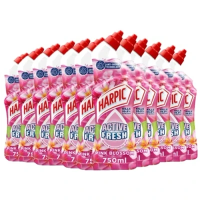 Image of Harpic Active Fresh Toilet Cleaning Gel, Pink Blossom, Pack 12 x 750 ml, Infused with Essential Oils, Kills 99.9% of Bacteria, Cleaner