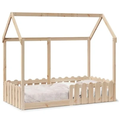 Image of vidaXL Kids&#039; Wooden House Bed Frame Solid Pine, Brown, 80x160 cm, Low Floor, Playful Design, Rail Safety