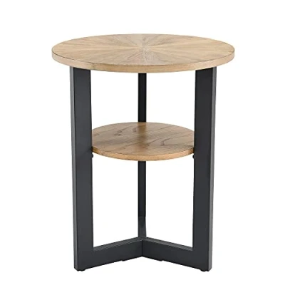 Image of MODERION Round End Table, Minimalist Sofa Modern Side Coffee Table with Iron Black Base for Home, Living Room, Patio, Garden,49 x 49 60 cm (Light Brown)