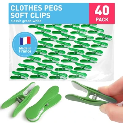 Image of culiclean Clothes Pegs for Washing Line Strong Soft Grip 40 pcs &quot;Soft Clips&quot; classic green white Non Slip Heavy Duty Large Plastic Laundry Peg Secure Rubber Mark Free