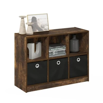 Image of Furinno Basic 3x2 Bookcase Storage w/Bins, Amber Pine/Black