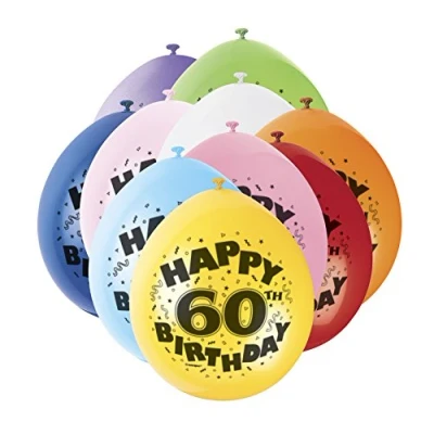 Image of Unique Party 80315 9&quot; Latex Assorted Happy 60th Birthday Balloons, Pack of 10