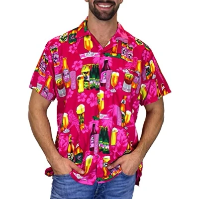 Image of V.H.O. Funky Hawaiian Shirt, Shortsleeve, Beerbottle, Pink, XL
