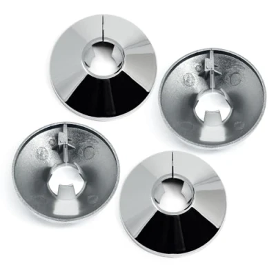 Image of Radiator Pipe Covers Chrome Collars Pack of 4 Collars, 15mm Hole 4.5cm Wide Snap On Plated Plastic Cover to Hide Pipes Base