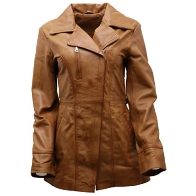 Image of Women&#039;s Tan Nappa Leather Long Biker Jacket with Belt 12