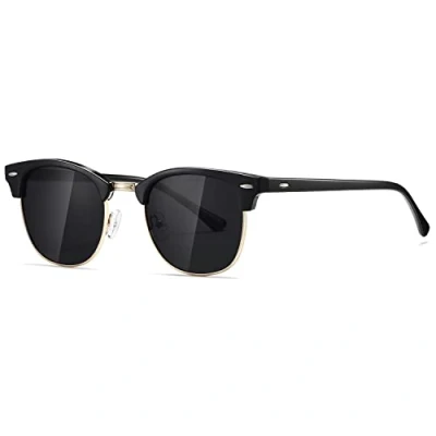 Image of kimorn Polarized Sunglasses Unisex Retor Semi Rimless Frame Classic Eyewear AE0550 (Black&amp;Gold, 52)