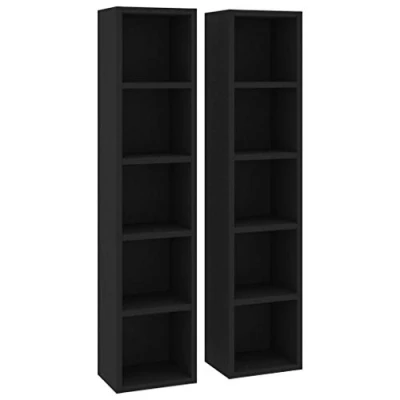 Image of vidaXL CD Cabinets Pack of 2, Sleek Black Design, Spacious with 5 Compartments, Compact Size 21x16x93.5 cm, Ideal for CDs, DVDs and Blu ray, Engineered Wood