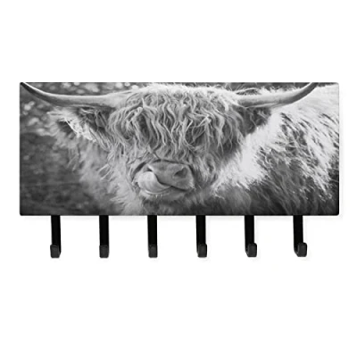 Image of Black White Highland Cow Key Holder for Wall Decorative Hanger Hooks Mounted Home Office