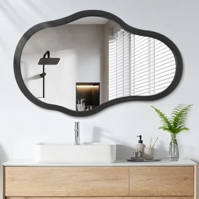 Image of Black Asymmetrical Mirror for Wall Decor Modern Unique Wooden Framed Vanity Artistic Wavy Decorative Living Room Bedroom Bathroom Entryway