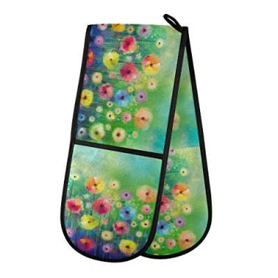 Image of Double Oven Glove Mitts Heat Resistant Pot Holders for Home Kitchen Cooking Baking Outdoor BBQ (Flowers)