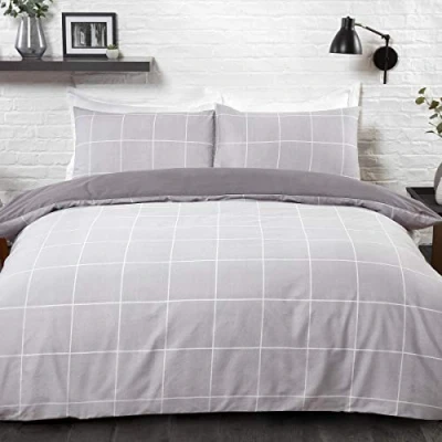 Image of Sleepdown Grid Check Grey King Duvet Cover and Pillowcases, Cotton Mix