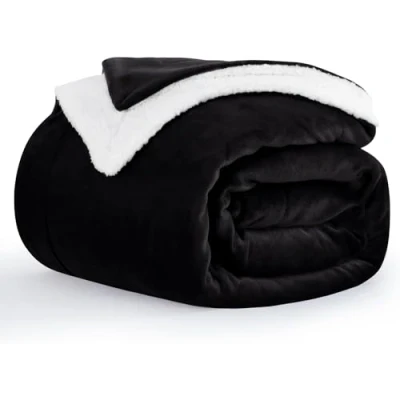 Image of HOMELY Sherpa Fleece Blanket Bed Throws Blankets For Sofas Soft Fluffy Thick Reversible Plush Throw (Black, 200 x 230 cm)