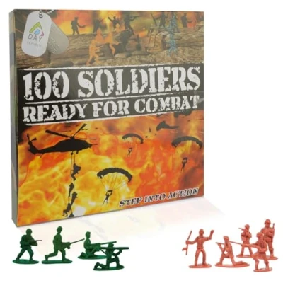 Image of 100 World War II Plastic Toy Soldiers 3.5cm Traditional Green and Brown Army Men Soldier Figures with Battlefield Weapon Accessories Kids Military Games Action (100 Boxed)