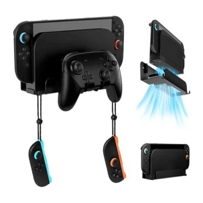 Image of Mcbazel NS Switch 2 Wall Mount &amp; Shelf Bracket, Metal with Ventilation, Joy Con Controllers Hooks Screw Kit (Black)