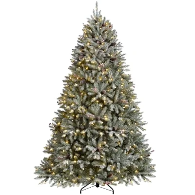 Image of WeRChristmas Pre Lit Decorated Snow Flocked Christmas Tree with 600 Warm White LED Candle Lights, Green/White, 7 feet/2.1 m