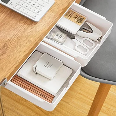 Image of FRETONBA Under Desk Drawer 2 Pcs, White Hidden Organizer, Self adhesive Table Storage, Tray for Office and Vanity Desk, Mini