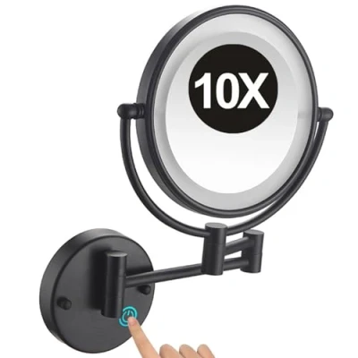 Image of YSOLDA 8 Inch Hardwired Wall Mounted Lighted Makeup Mirror, Dual Sided LED Vanity 360 Adjustable 10X Magnifying Cosmetic Brass Shaving Mirror for Bathroom Hotel,Black,base touch