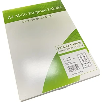 Image of Thomas Stoners A4 Multipurpose Labels 12 Per Sheet 63 x 72mm (White) Pk of 100 1200 Easy to Peel Self Adhesive Address