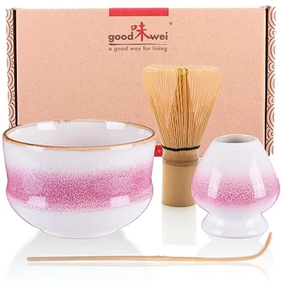 Image of Goodwei Matcha Set with Whisk, Spoon and Ceramic Bowl Whisk Holder in Matching Design Artisanal Tea Chawan Gift (Kiku, 80)