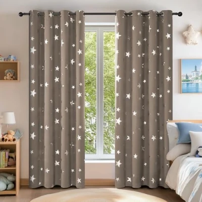 Image of Deconovo Super Soft Foil Star Printed Thermal Insulated Blackout Curtains Eyelet Soundproof for Bedroom W55xL70 Inches Taupe 2 Panels