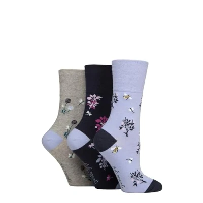 Image of Women&#039;s 3 Pair Gentle Grip RHS Royal Horticultural Society Patterned Cotton Socks Floral / Insect 4 8