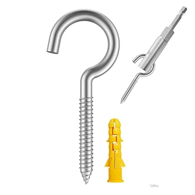 Image of 304 Stainless Steel Screw in Hooks, Metal Heavy Duty Eye Wood Terminal Ring Christmas Lighting Hook. (26 pcs +1 1/4&quot; hex Shank Wing nut Driver)
