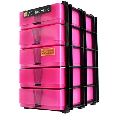 Image of WestonBoxes A5 Box Stak Craft Storage Unit Including 5 Plastic Boxes with handles (Pink)