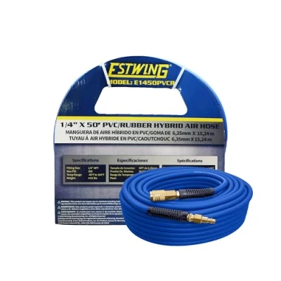 Image of Estwing E1450PVCR 50&#039; PVC/Rubber Hybrid Air Hose with Brass NPT Industrial Fitting and Universal Quick Connect Coupler, Blue Yellow, 1/4&quot; x 50’