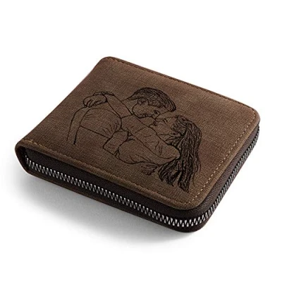 Image of Wallet Mens Personalised Photo Wallets for Men Men,Engraved Leather Personalised, Gifts Father,Husband,Son (#1light Brown)