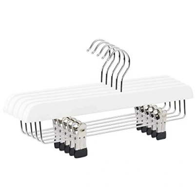 Image of The Hanger Store 5 White Wooden Trouser, Skirt Hangers With Clips, Coat Clothes
