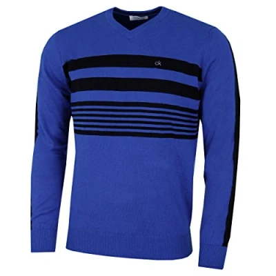 Image of Calvin Klein Mens V Neck Performance Soft Chest Stripe Sweater
