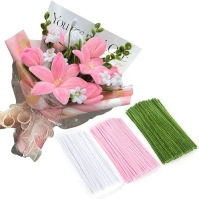 Image of 300 PCS Thick Pipe Cleaners Craft Supplies Yellow,Green,Brown Color Sunflower Chenille Stems for Art and Projects Creative DIY Decorations (Pink Lily Color)