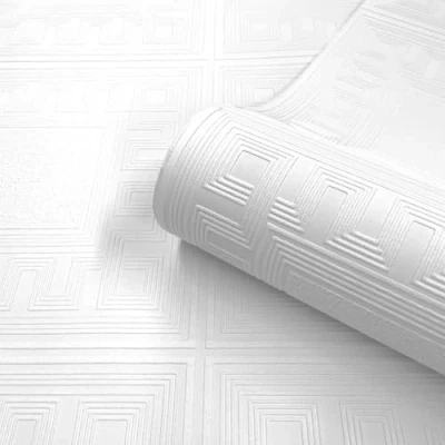 Image of SOPHIE LAURENCE Richmond White Greek Key Panel Effect Embossed Paintable Wallpaper Luxury Blown Vinyl, Washable, 5.3sqm Coverage, 0.53m x 10.05m Roll, Modern Textured Design for Any Room