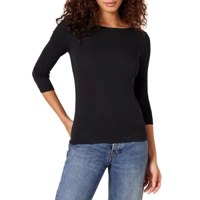 Image of Amazon Essentials Women&#039;s Slim Fit 3/4 Sleeve Boat Neck T Shirt, Black, XL