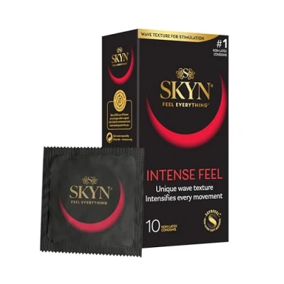 Image of SKYN Intense Feel Condoms Pack of 10 SKYNFEEL Latex Free for Men, Regular Size Condoms, Thin Ribbed and Dotted Straight Shape, Lubricated, 53mm Wide
